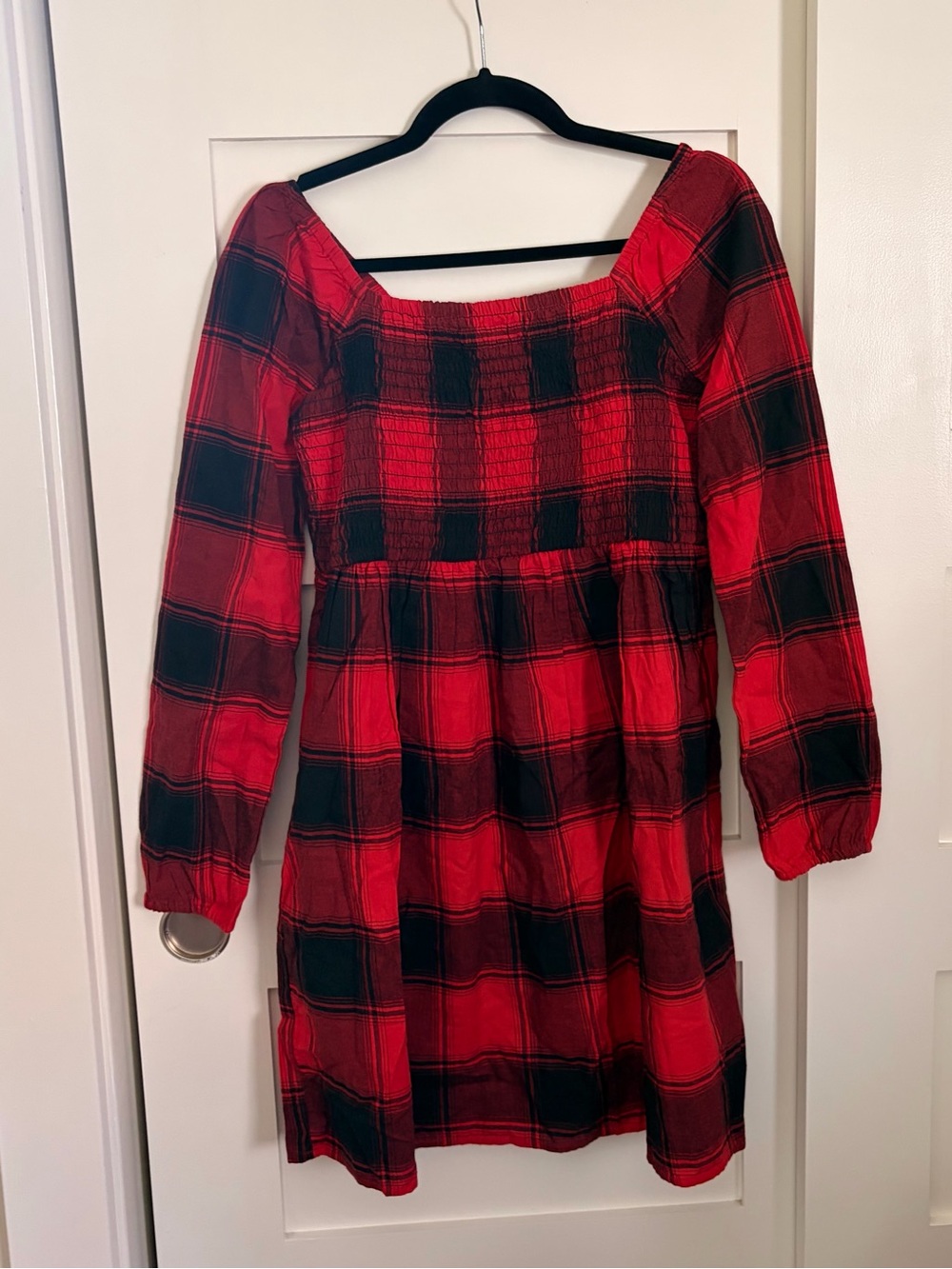 GAP Red and Black Plaid Smocked Square-Neck Dress
